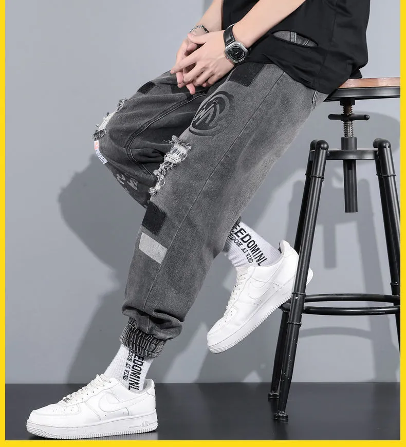 hip-hop ripped patch jeans men