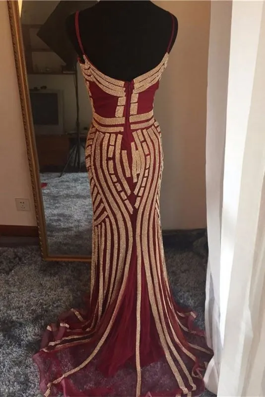 Luxurious Mermaid Spaghetti Straps V-Neck Sparkly Sweep Train Prom Party Dress