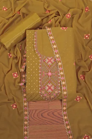 Mustard Sequin Embroidered Poly Georgette Dress Material with Dupatta