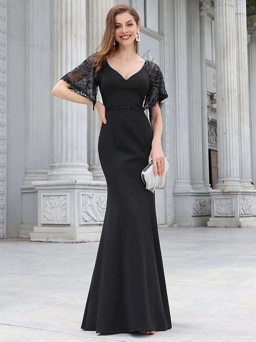 Robe de Soirée Sirène Moulante Sexy à Col en V et Manches évasée